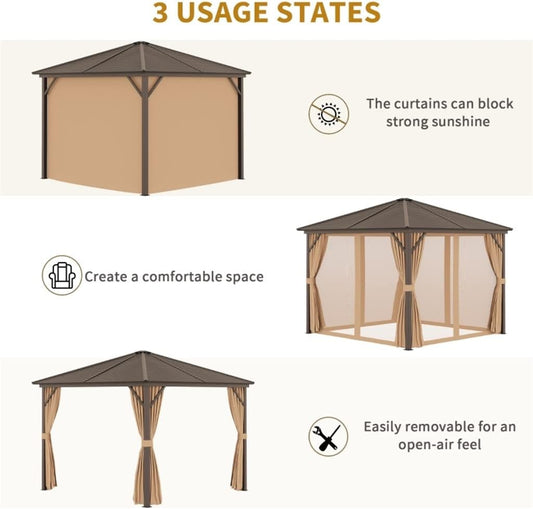 10x10 Hardtop Gazebo with Aluminum Frame, Permanent Metal Roof Canopy with Curtains and Netting for Garden, Patio
