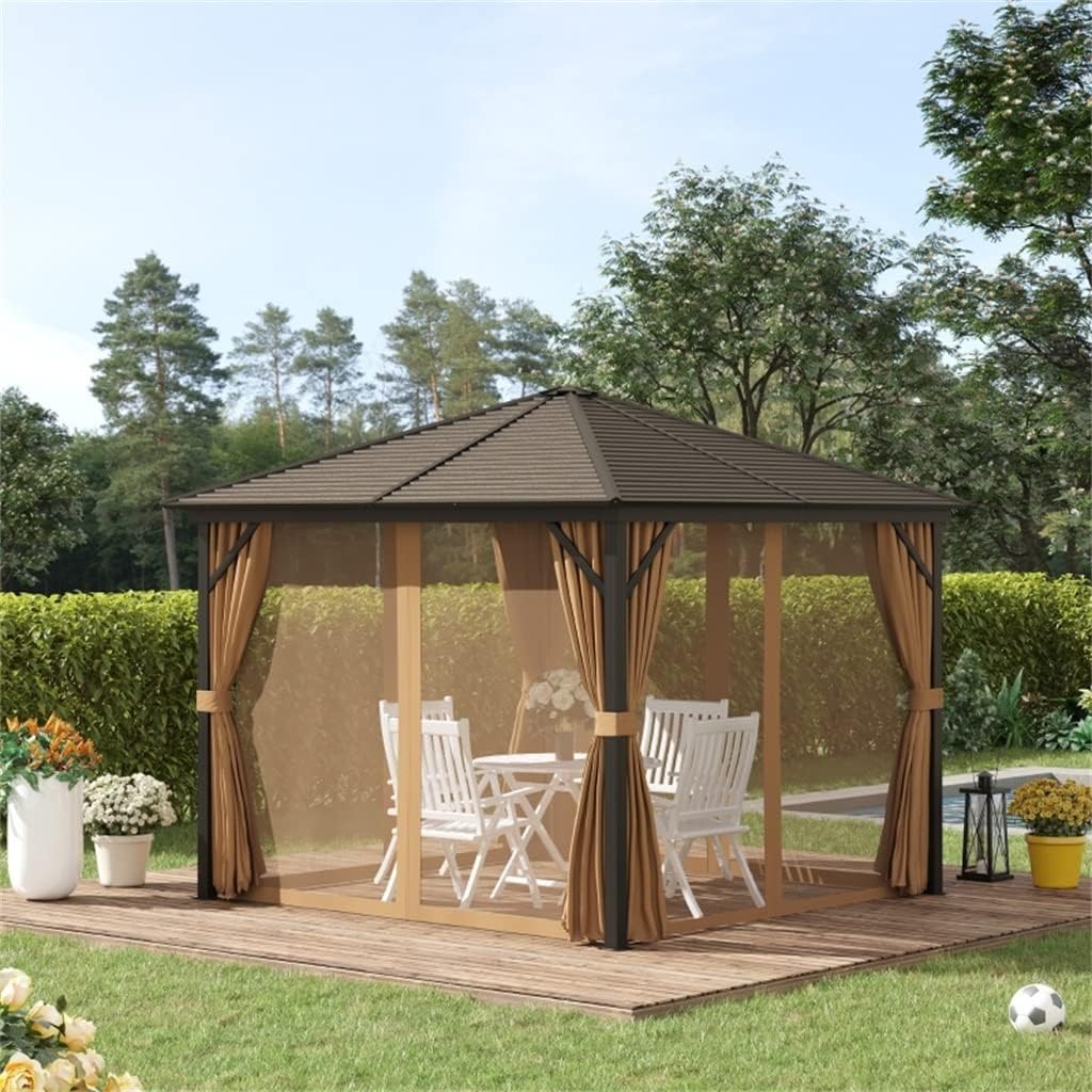 10x10 Hardtop Gazebo with Aluminum Frame, Permanent Metal Roof Canopy with Curtains and Netting for Garden, Patio