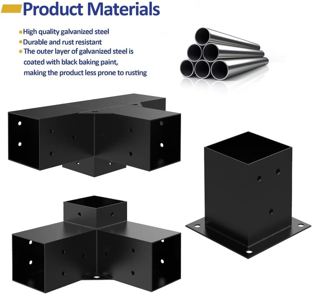 Heavy Alloy Steel Pergola Kit with 3-Way Brackets for 4"x 4" (Actual 3.6" X 3.6") Lumber，DIY Pergola Brackets Suitable for Pergolas，Gardens，and Metal Gazebo Kits - Includes Screws