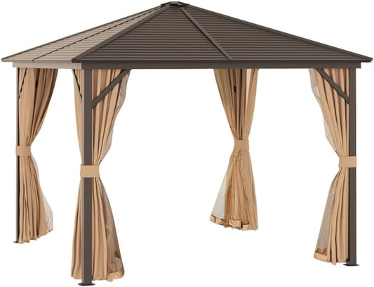 10x10 Hardtop Gazebo with Aluminum Frame, Permanent Metal Roof Canopy with Curtains and Netting for Garden, Patio