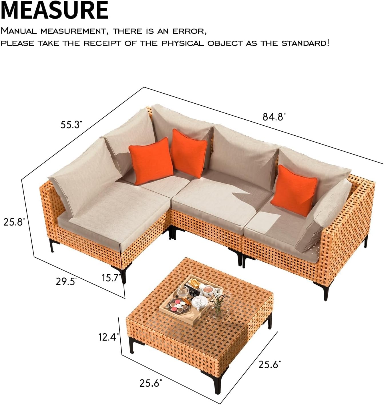 5 Piece Outdoor Patio Furniture Set Modular Wicker Sectional Sofa with Cushions and Table Patio Furniture Sets for Backyard Porch Balcony Poolside