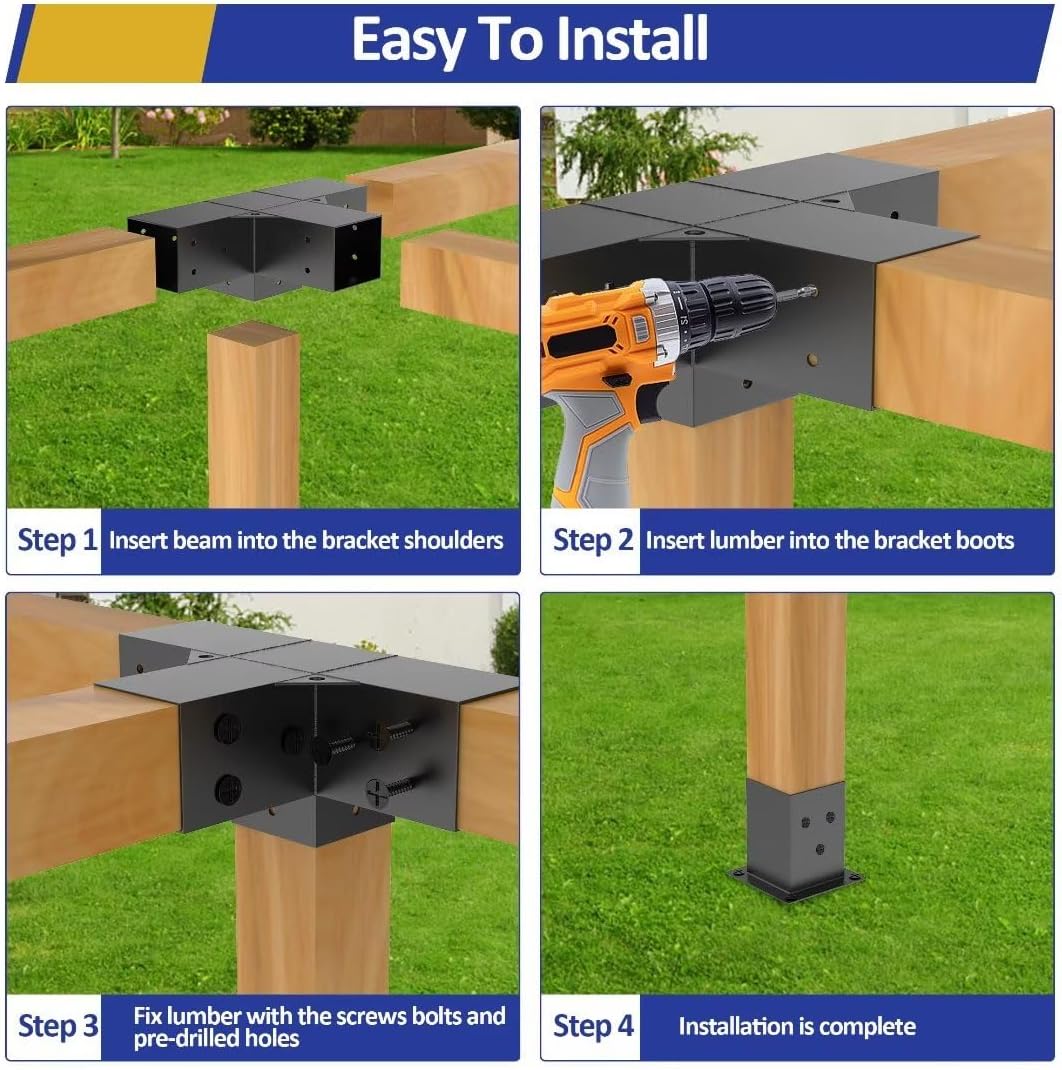 Heavy Alloy Steel Pergola Kit with 3-Way Brackets for 4"x 4" (Actual 3.6" X 3.6") Lumber，DIY Pergola Brackets Suitable for Pergolas，Gardens，and Metal Gazebo Kits - Includes Screws