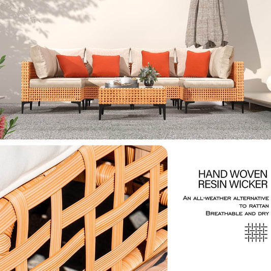 5 Piece Outdoor Patio Furniture Set Modular Wicker Sectional Sofa with Cushions and Table Patio Furniture Sets for Backyard Porch Balcony Poolside