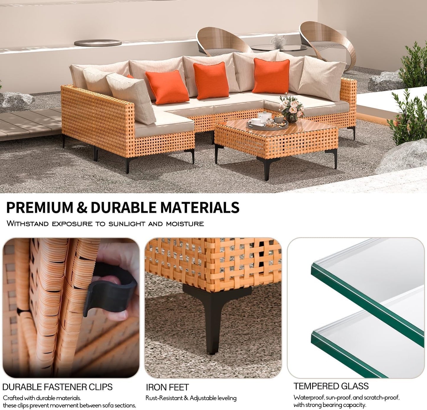 5 Piece Outdoor Patio Furniture Set Modular Wicker Sectional Sofa with Cushions and Table Patio Furniture Sets for Backyard Porch Balcony Poolside