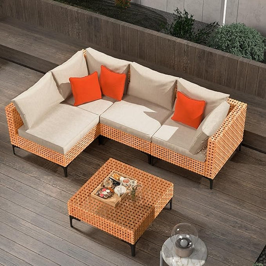 5 Piece Outdoor Patio Furniture Set Modular Wicker Sectional Sofa with Cushions and Table Patio Furniture Sets for Backyard Porch Balcony Poolside